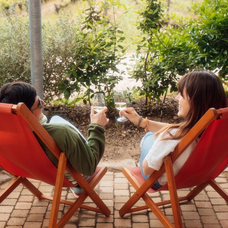 Dégustation de muscat sur la terrasse Sur la terrasse face aux vignes, on peut déguster le muscat