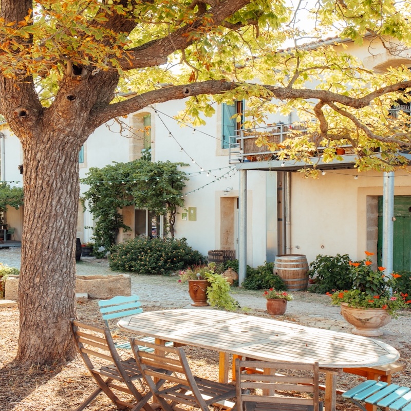 La cour principale du domaine du Chateau de Stony avec sa petite place ombragée par le maronnier