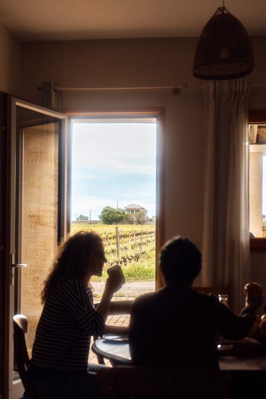 La cuisine face aux vignes et sa terrasse très agréable