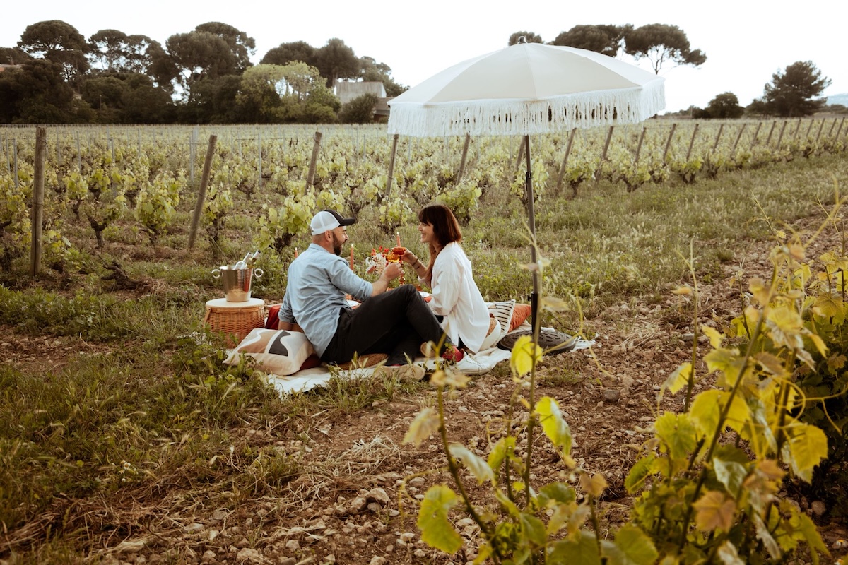 Un parasol, les vignes, le coucher de soleil et l'apérif au muscat