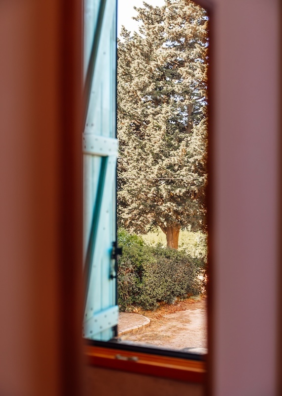 La vue depuis la bâtisse aux volets bleus des gîtes dans le jardin et la cour du domaine viticole
